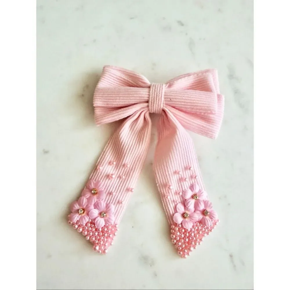 Light pink Pearl Floral Ribbon Hair Bow Clip | Romantic Bridal Coquette